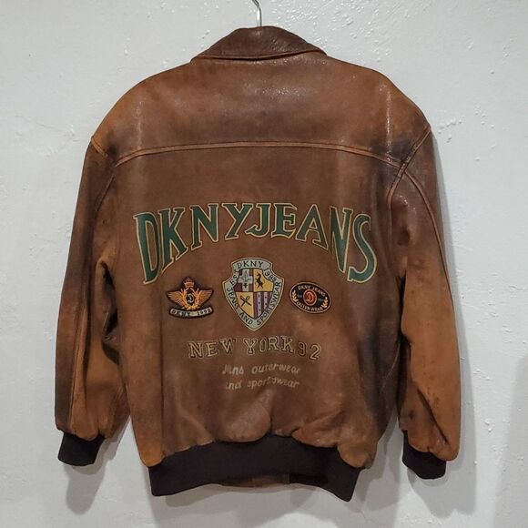 RARE Vintage 1992 DKNY Brown Leather Bomber Jacket - Picture 1 of 17
